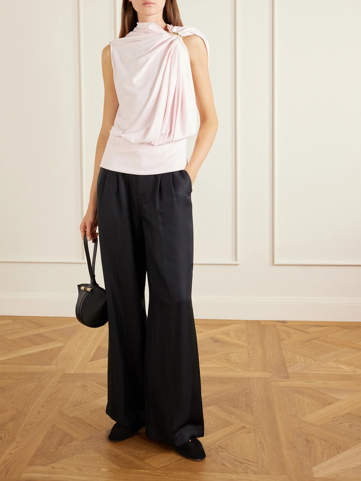 Image of a model wearing Tops. Product name - Lacuna Embellished Draped Jersey Blouse in Pink colour by brand - Sportmax
