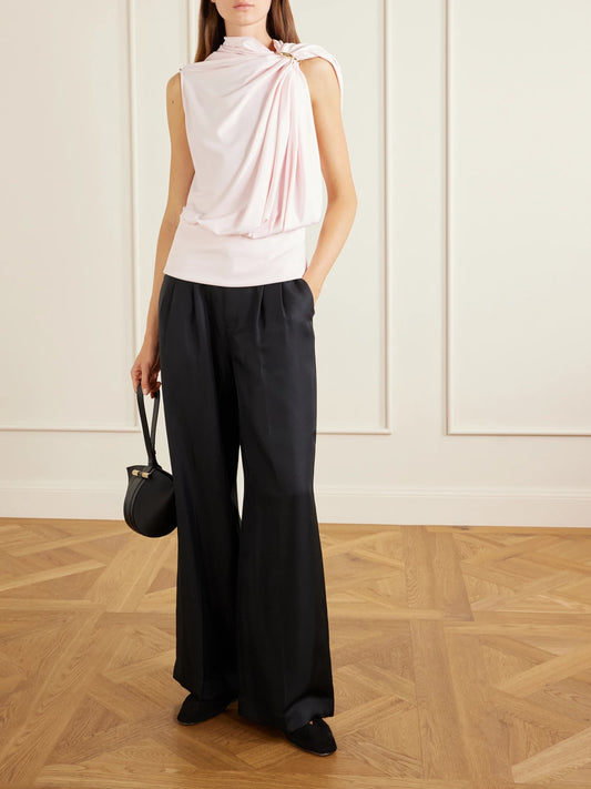 Image of a model wearing Tops. Product name - Lacuna Embellished Draped Jersey Blouse in Pink colour by brand - Sportmax