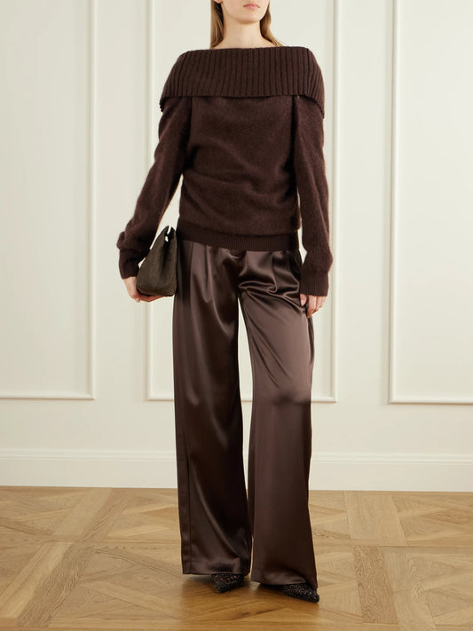 Image of a model wearing Outerwear. Product name - Off-the-shoulder Wool Sweater in Brown colour by brand - Sportmax