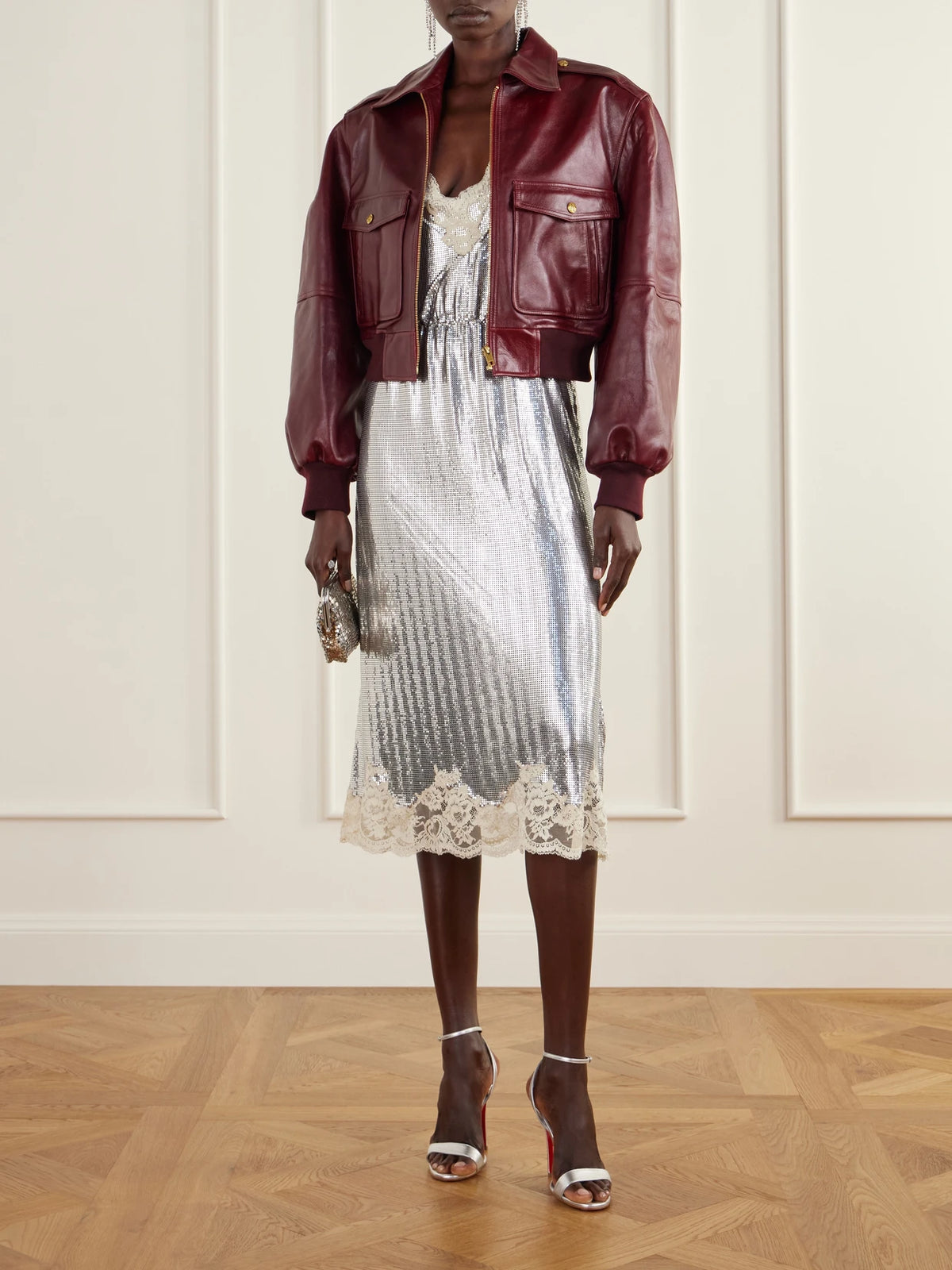 Image of Dresses. Product name - Lace-trimmed Chainmail Midi Dress in Silver colour by brand - RABANNE
