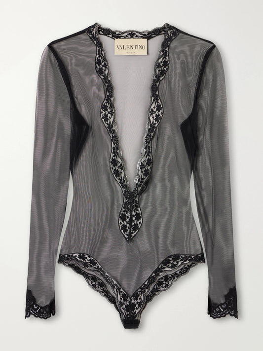 Valentino Garavani Lace-trimmed Mesh Bodysuit