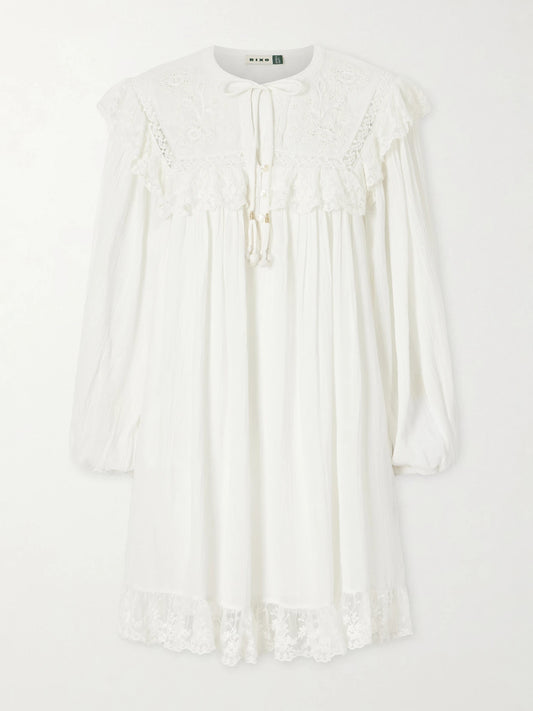 Image of Dresses. Product name - Inez Floral-embroidered Lace-trimmed Cotton Mini Dress in White colour by brand - RIXO