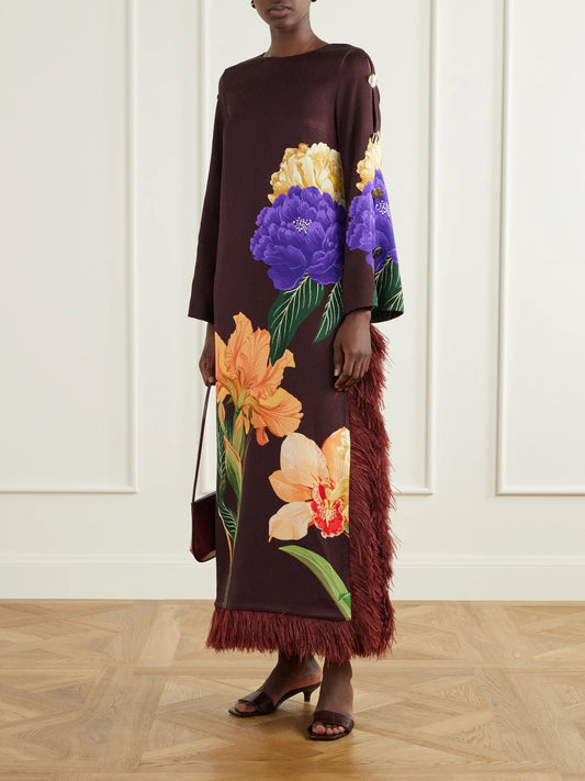 Image of Dresses. Product name - Brunetta Floral-print Cotton-blend Jacquard Maxi Dress in Multi colour by brand - Borgo de Nor