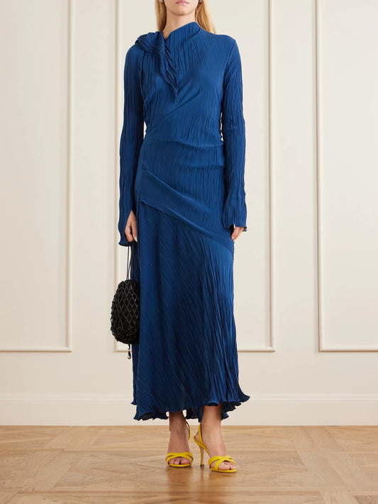 Image of Dresses. Product name - Draped Plissé-crepe Midi Dress in Navy colour by brand - Victoria Beckham