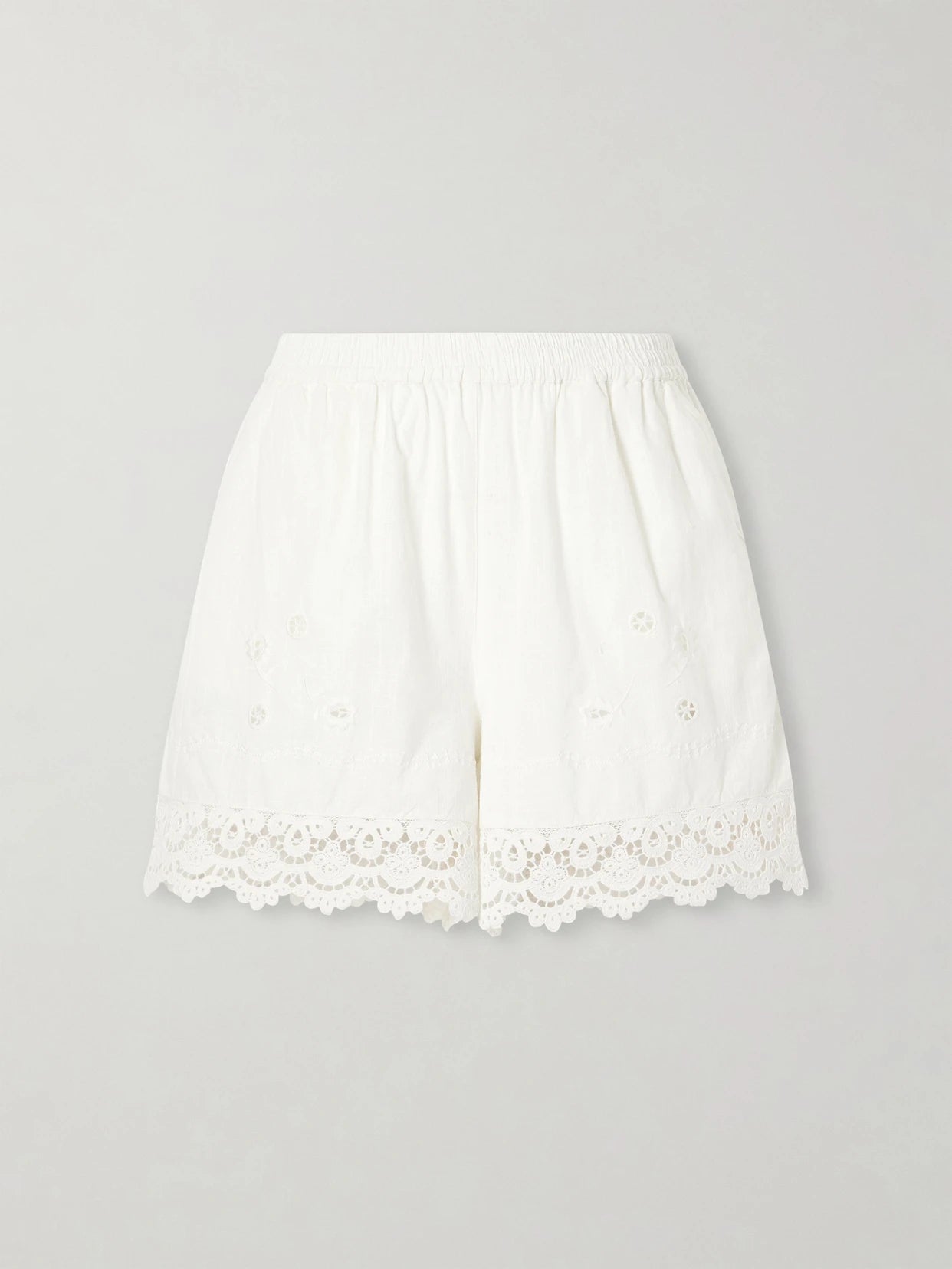 Image of a model wearing Shorts. Product name - Tallulah Floral-embroidered Organic Cotton And Linen-blend Shorts in White colour by brand - SKALL
