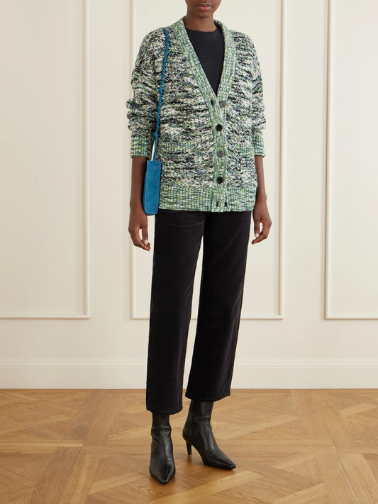 Image of a model wearing Pants. Product name - The Newbie Ankle Cotton-blend Corduroy Mid-waist Straight-leg Pants in Black colour by brand - Mother