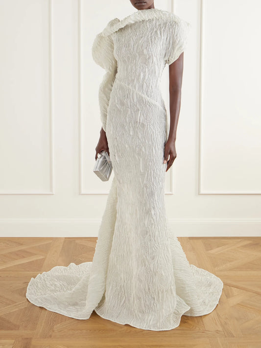 Image of Dresses. Product name - Radiance Asymmetric Draped Chiffon-jacquard Gown in White colour by brand - Maticevski
