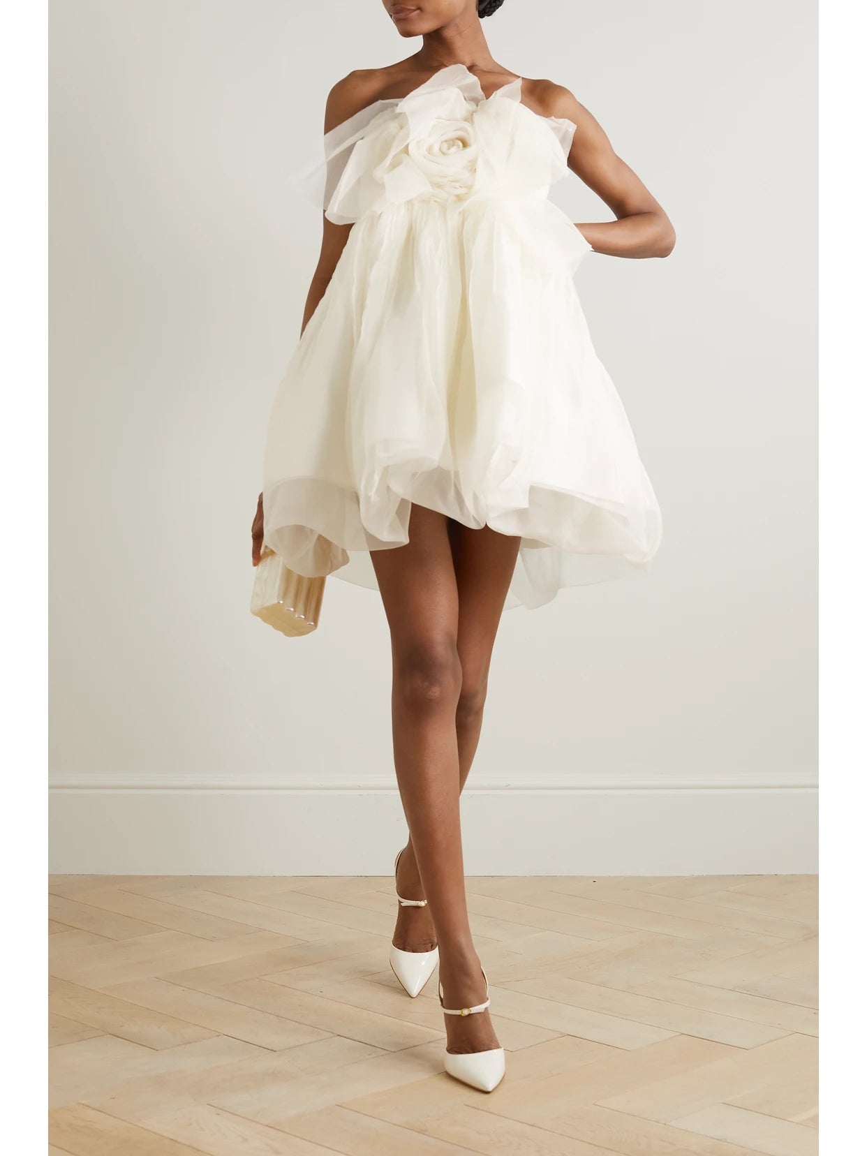 Image of Dresses. Product name - Lottie Strapless Appliquéd Silk-organza Mini Dress in White colour by brand - Danielle Frankel