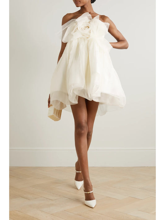 Image of Dresses. Product name - Lottie Strapless Appliquéd Silk-organza Mini Dress in White colour by brand - Danielle Frankel