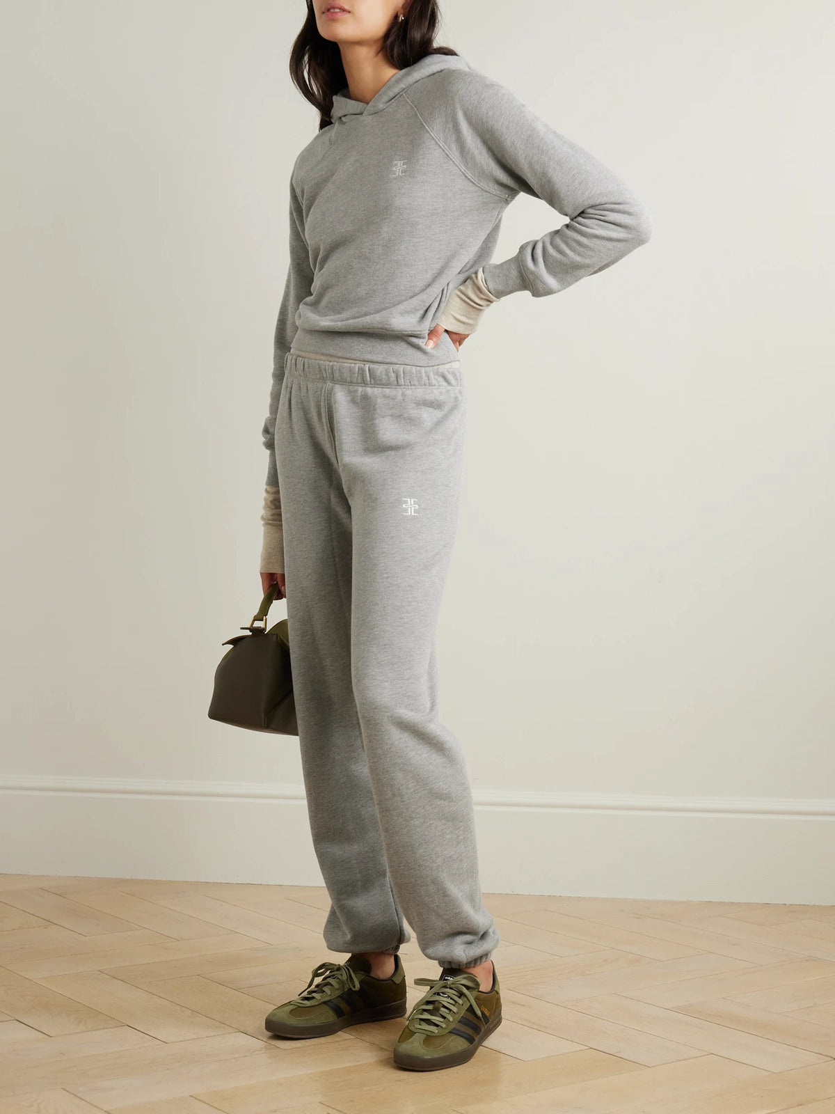 Image of Sleepwear & Loungewear. Product name - Embroidered Cotton-blend Hoodie in Gray colour by brand - ÉTERNE