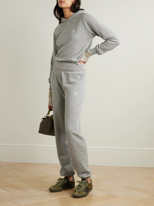 Image of Sleepwear & Loungewear. Product name - Embroidered Cotton-blend Hoodie in Gray colour by brand - ÉTERNE
