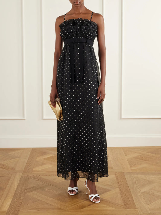 Image of Dresses. Product name - Bow-detailed Pleated Ruffled Polka-dot Chiffon Maxi Dress in Black colour by brand - Zimmermann