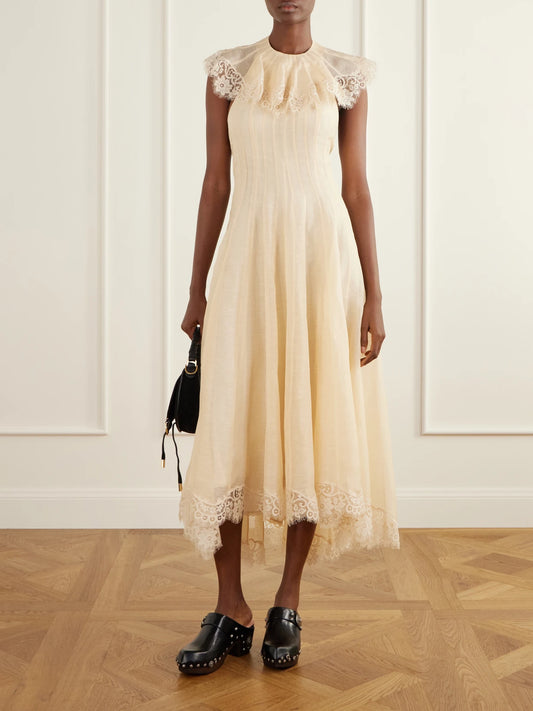 Image of Dresses. Product name - Ascent Open-back Lace-trimmed Linen And Silk-blend Midi Dress in Cream, Black colour by brand - Zimmermann