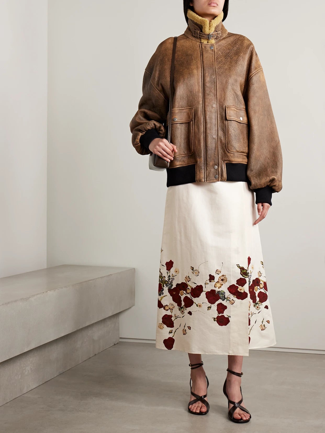 Image of Coats & Jackets. Product name - Sandor Shearling-trimmed Leather Jacket in Brown colour by brand - KHAITE