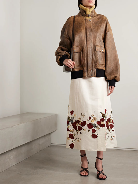 Image of Coats & Jackets. Product name - Sandor Shearling-trimmed Leather Jacket in Brown colour by brand - KHAITE