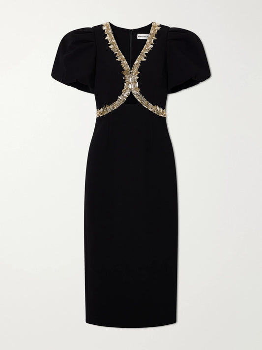 Image of Dresses. Product name - Alexandrite Embellished Cady Midi Dress in Black colour by brand - Rebecca Vallance