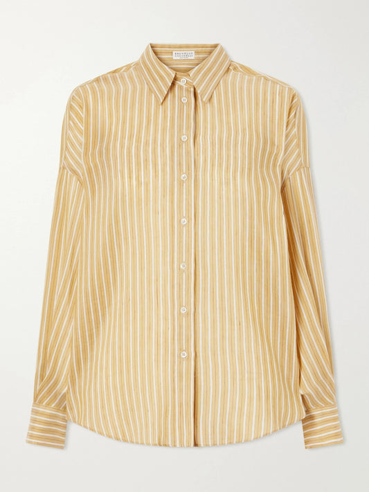 Image of a model wearing Tops. Product name - Bead-embellished Striped Linen And Silk-blend Shirt in Mustard colour by brand - Brunello Cucinelli