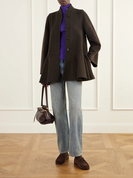 Image of Coats & Jackets. Product name - Peplum Brushed Wool-blend Coat in Brown colour by brand - LOEWE