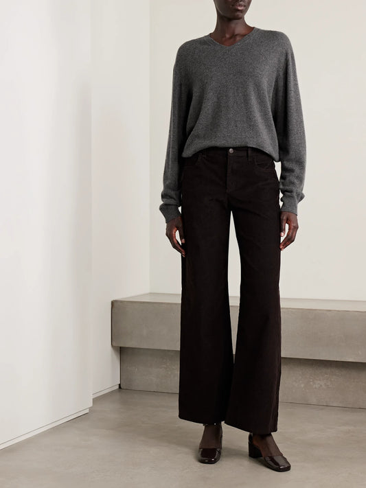 Image of a model wearing Outerwear. Product name - Ligeia Cashmere Sweater in Gray colour by brand - The Row