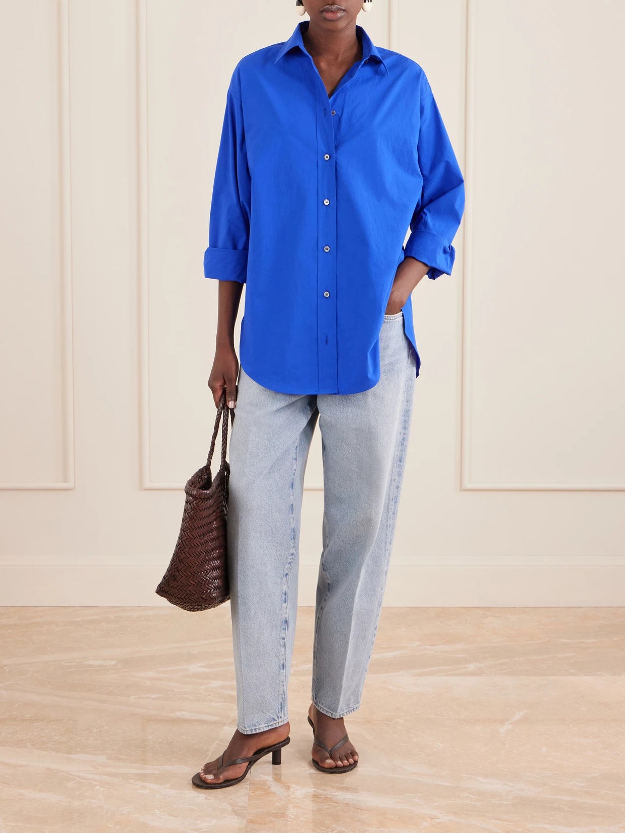 Image of a model wearing Tops. Product name - Sona Cotton-blend Shirt in Cobalt blue colour by brand - AGOLDE
