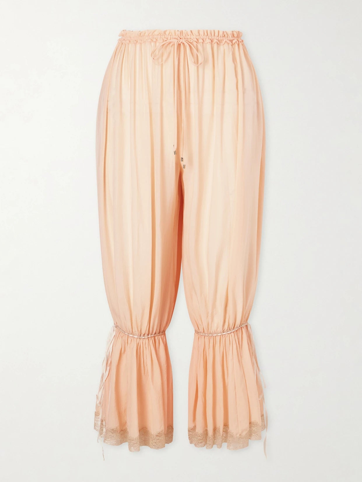 Ruffled Pleated Lace-trimmed Silk-charmeuse Balloon Pants
