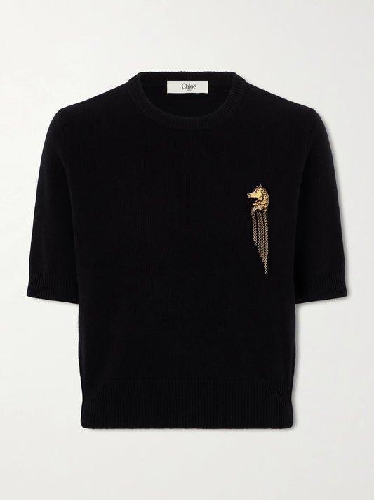 Image of a model wearing Outerwear. Product name - Embellished Ribbed Wool And Cashmere-blend Sweater in Black colour by brand - Chloé