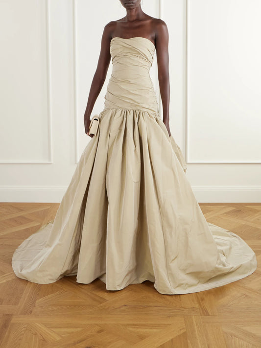 Image of Dresses. Product name - Strapless Ruched Drop-waist Crepe Gown in Neutral colour by brand - Marmar Halim