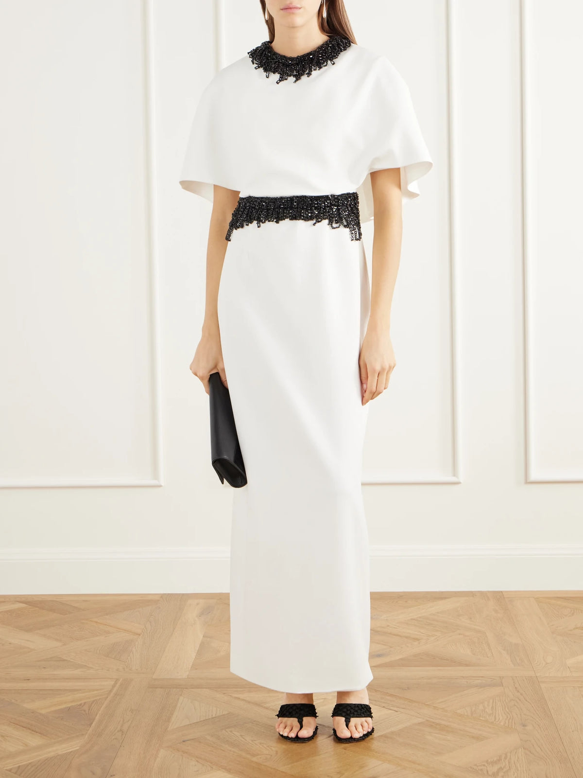 Image of Dresses. Product name - Vantrel Cape-effect Bead-embellished Cady Gown in Ivory colour by brand - SIMKHAI