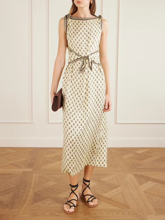 Image of Dresses. Product name - Amorette Paisley-print Silk-blend Twill Midi Dress in Pastel yellow colour by brand - DÔEN