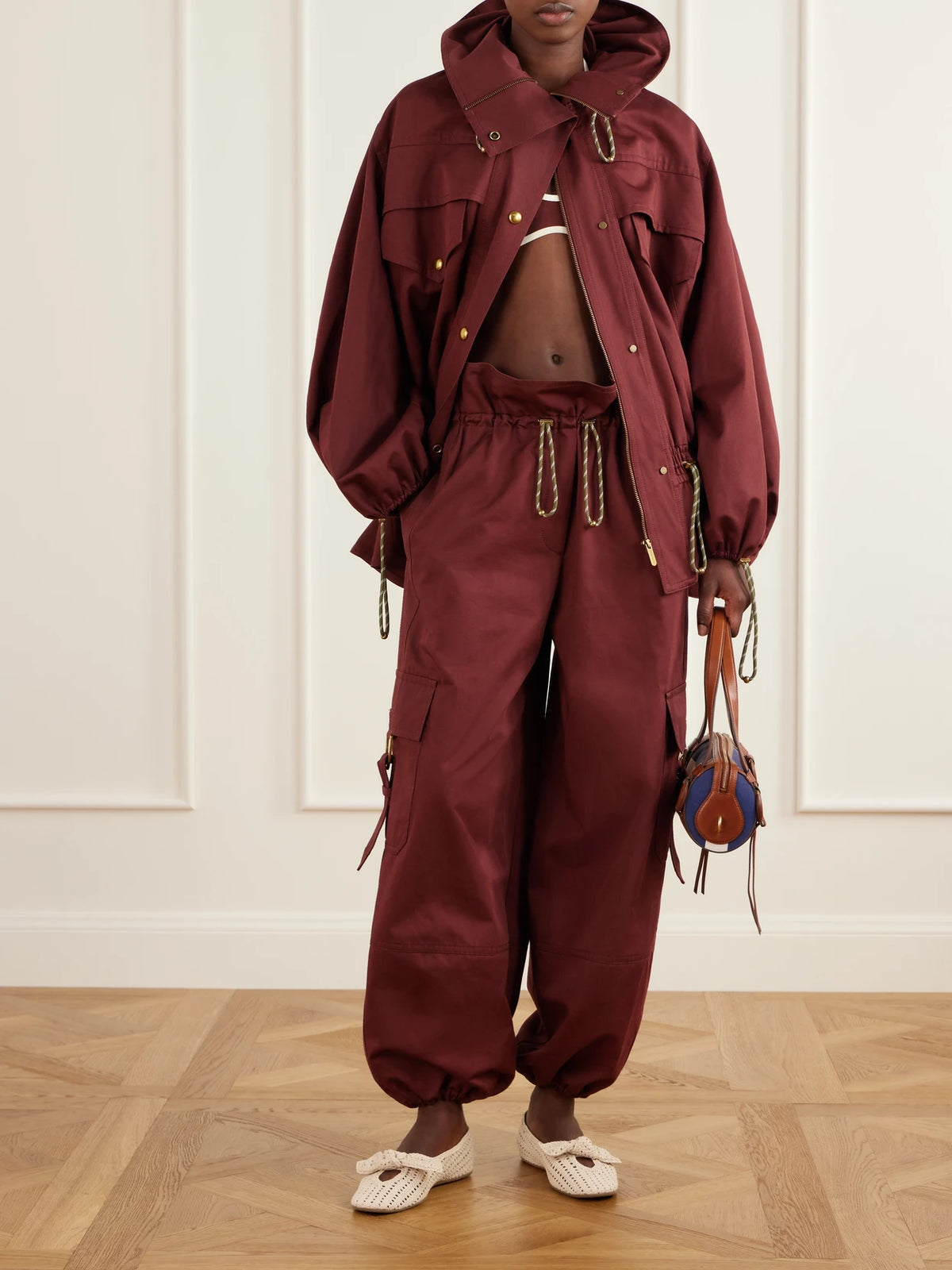 Image of Outfit Sets. Product name - Clash Drawstring Cotton-drill Jacket in Burgundy colour by brand - Zimmermann