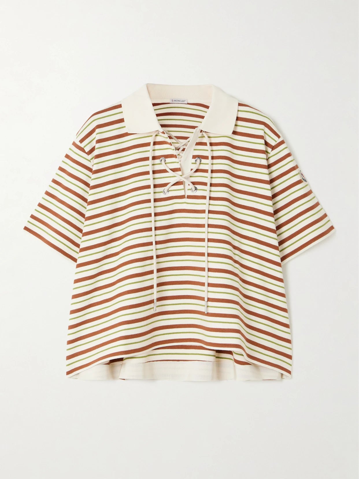 Image of a model wearing Tops. Product name - Lace-up Cropped Striped Cotton Polo Shirt in Multi colour by brand - Moncler