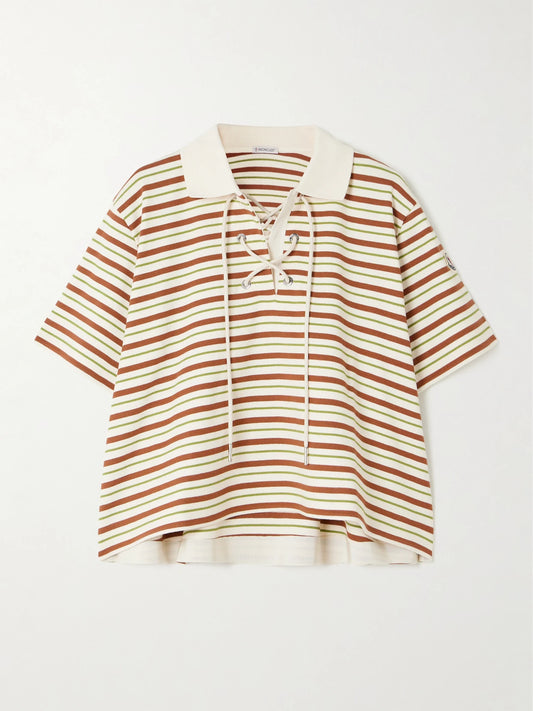 Image of a model wearing Tops. Product name - Lace-up Cropped Striped Cotton Polo Shirt in Multi colour by brand - Moncler