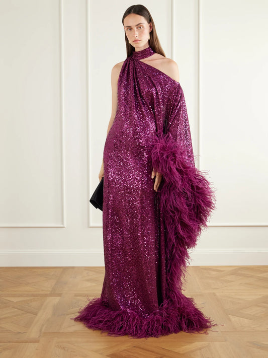 Image of Dresses. Product name - One-shoulder Feather-trimmed Sequined Gown in Plum colour by brand - Taller Marmo