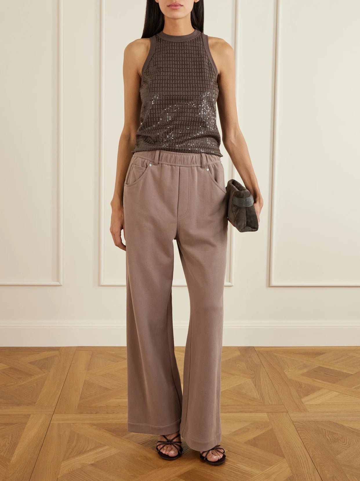 Image of a model wearing Tops. Product name - Sequin-embellished Stretch-cotton Jersey Tank in Dark brown colour by brand - Brunello Cucinelli