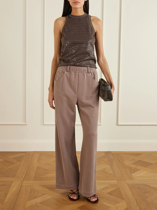 Image of a model wearing Tops. Product name - Sequin-embellished Stretch-cotton Jersey Tank in Dark brown colour by brand - Brunello Cucinelli