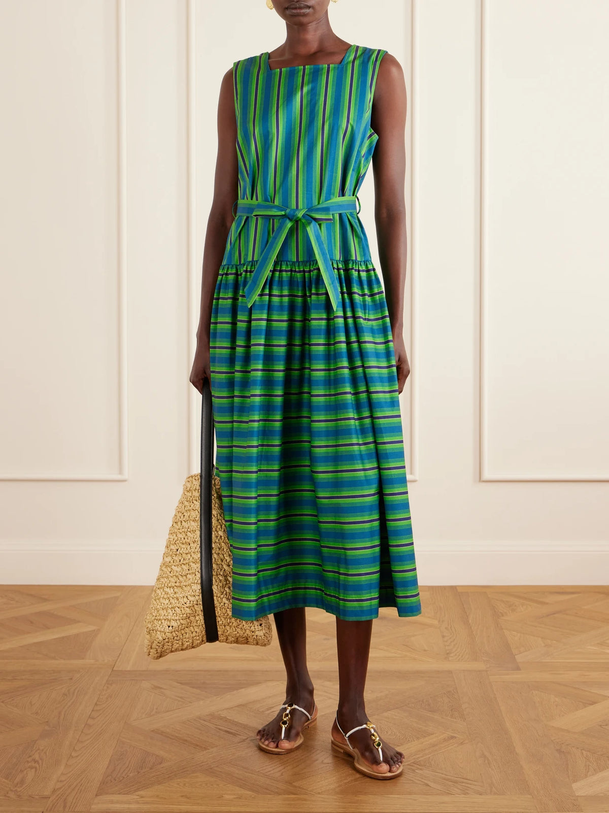 Image of Dresses. Product name - Margo Belted Striped Organic Cotton-poplin Midi Dress in Green colour by brand - ALÉMAIS