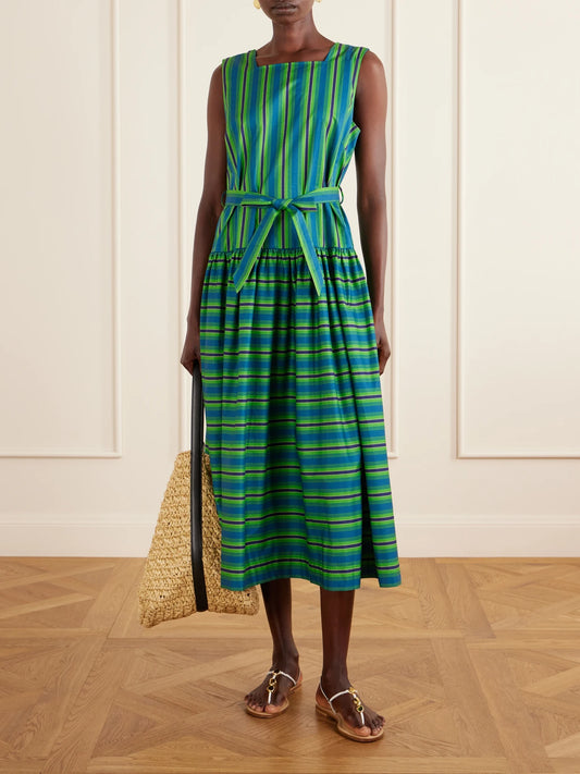 Image of Dresses. Product name - Margo Belted Striped Organic Cotton-poplin Midi Dress in Green colour by brand - ALÉMAIS