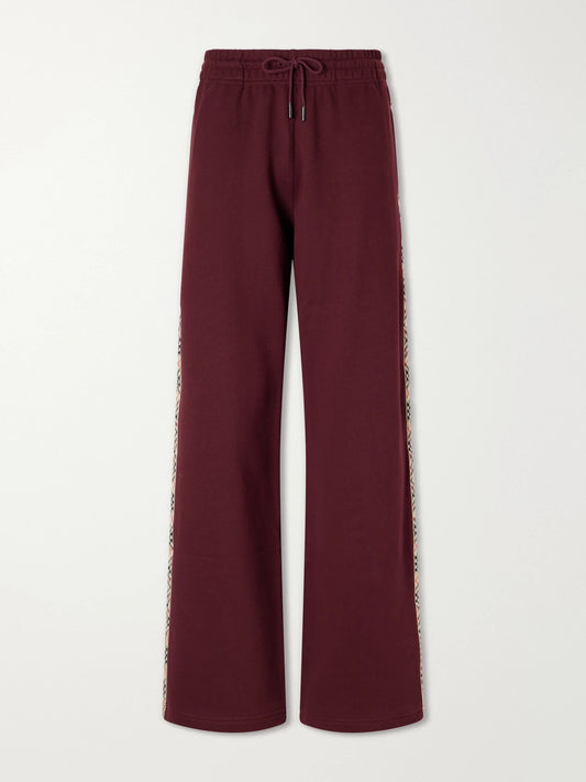 Image of Sleepwear & Loungewear. Product name - Jodie Checked Cotton-jersey Straight-leg Track Pants in Burgundy colour by brand - Burberry