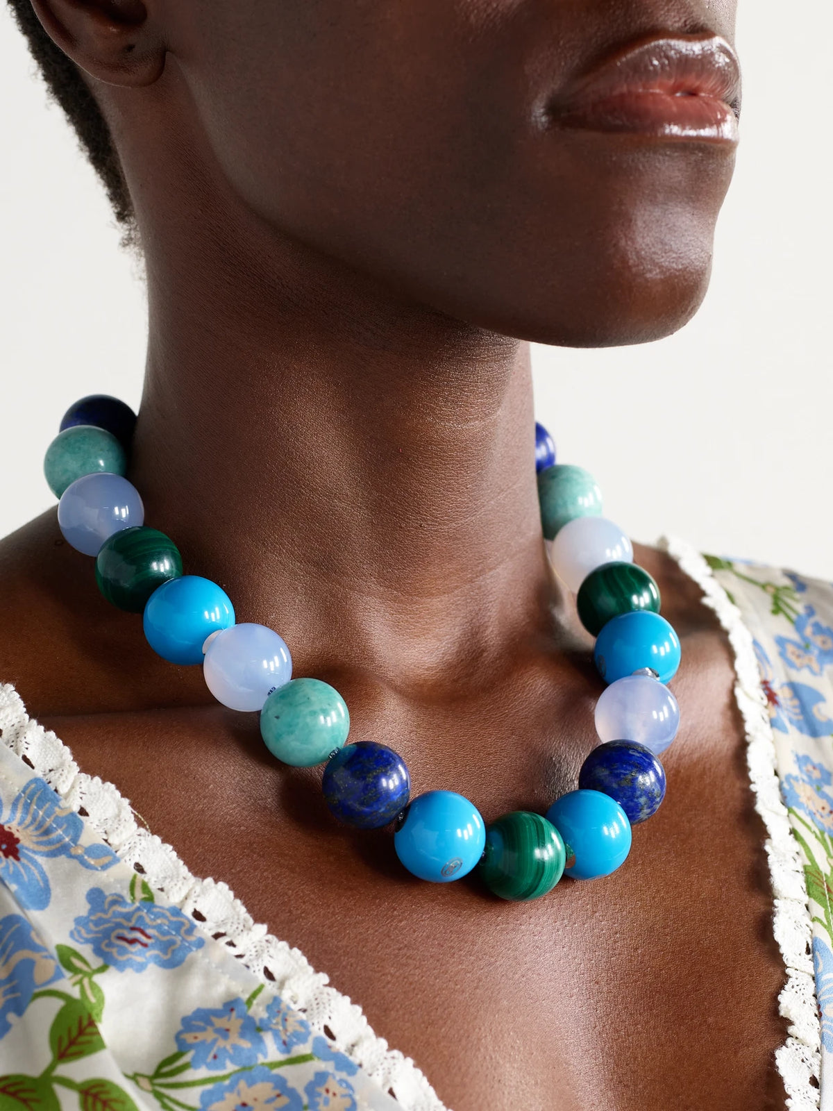 Image of Necklaces. Product name - East Village Downtown 18-karat Gold, Multi-stone And Lurex Necklace in Blue colour by brand - Carolina Bucci