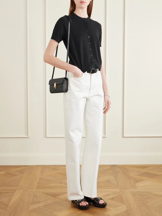 Image of Bags. Product name - Symmetry Leather-trimmed Woven Raffia Shoulder Bag in Black colour by brand - Savette