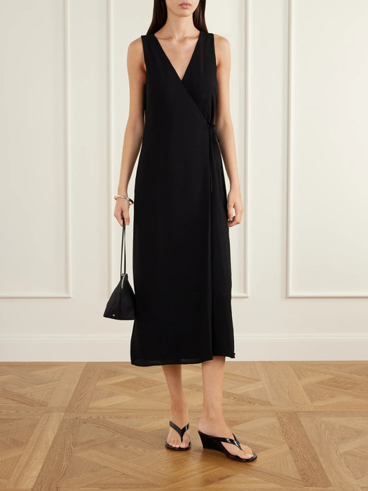 Image of Dresses. Product name - Ari Crepe Wrap Midi Dress in Black, Off-white colour by brand - LESET