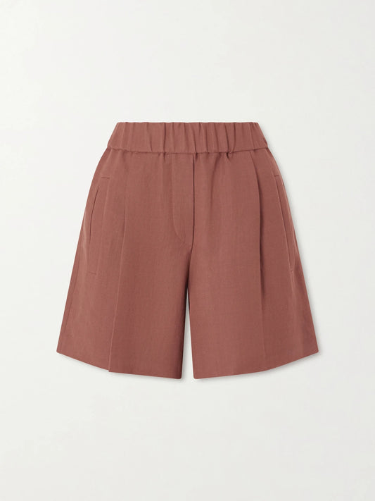 Image of a model wearing Shorts. Product name - Pleated Twill Straight-leg Shorts in Red colour by brand - Brunello Cucinelli
