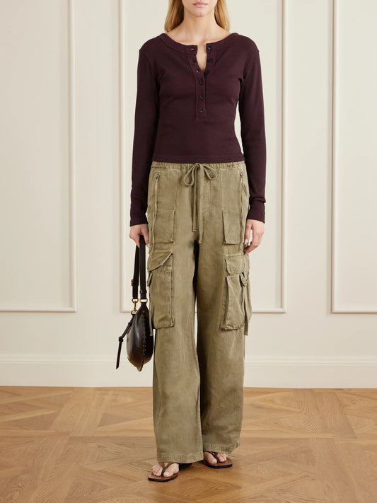 Image of a model wearing Pants. Product name - Andira Cotton And Linen Wide-leg Cargo Pants in Army green colour by brand - Citizens of Humanity