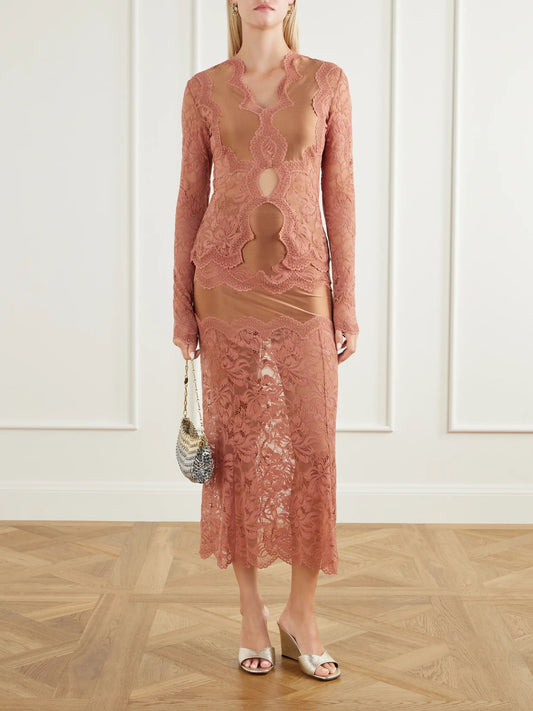 Image of a model wearing Skirts. Product name - Lace-trimmed Stretch-satin Midi Skirt in Camel colour by brand - RABANNE