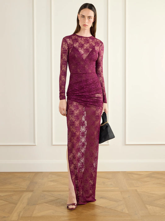 Image of Dresses. Product name - Ruched Lace Gown in Purple colour by brand - Alex Perry