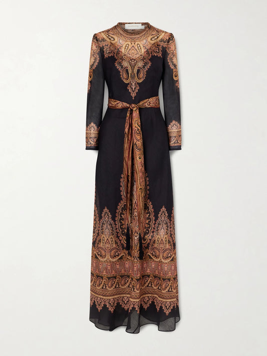 Zimmermann Ascent Belted Printed Linen And Silk-blend Maxi Dress