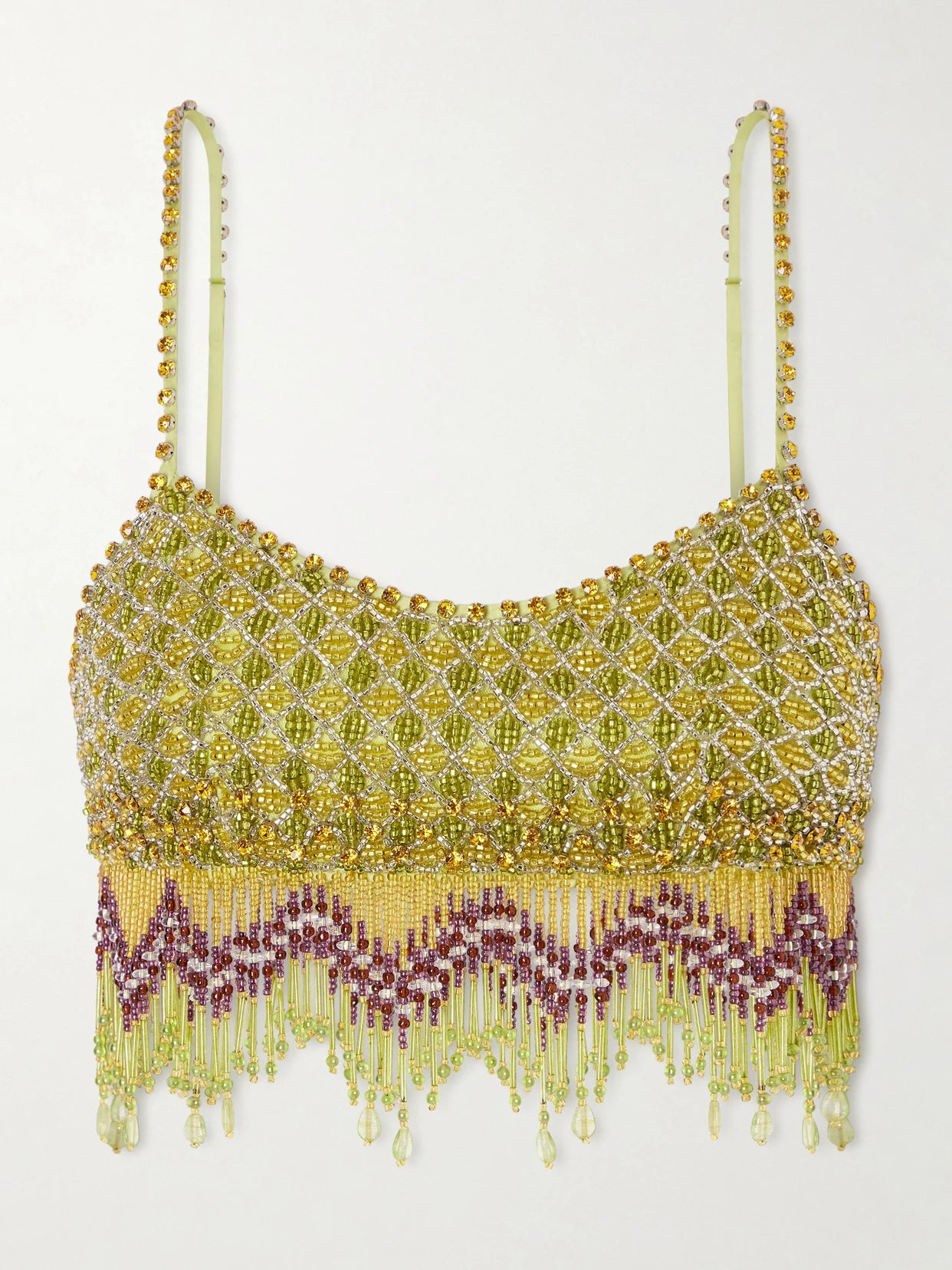Bottleglass Cropped Fringed Beaded Satin Top