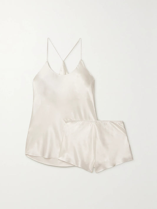Image of Lingerie. Product name - Bella Silk-satin Pajama Set in Ivory colour by brand - Olivia von Halle