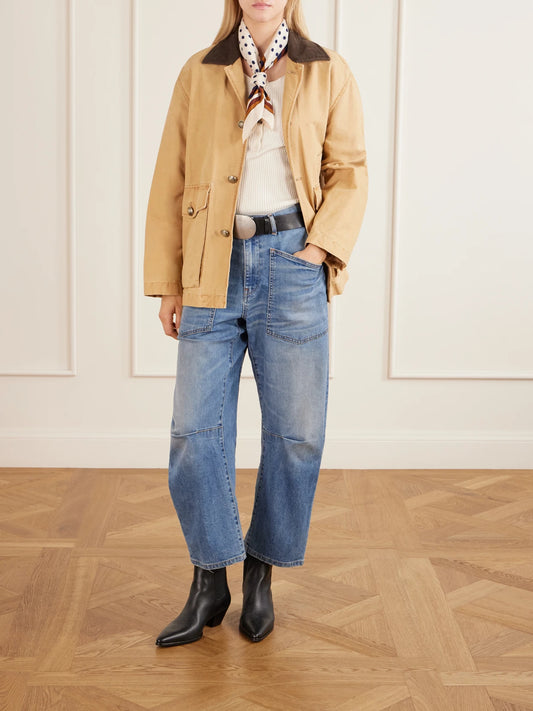 Image of Jeans. Product name - Shon Boyfriend Tapered Jeans in Dark denim colour by brand - Nili Lotan