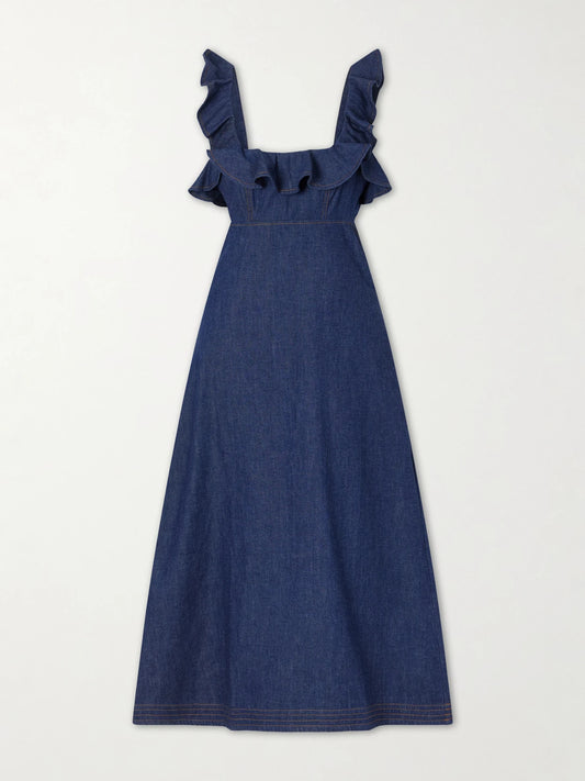 Image of Dresses. Product name - Aster Ruffled Denim Midi Dress in Blue colour by brand - Zimmermann